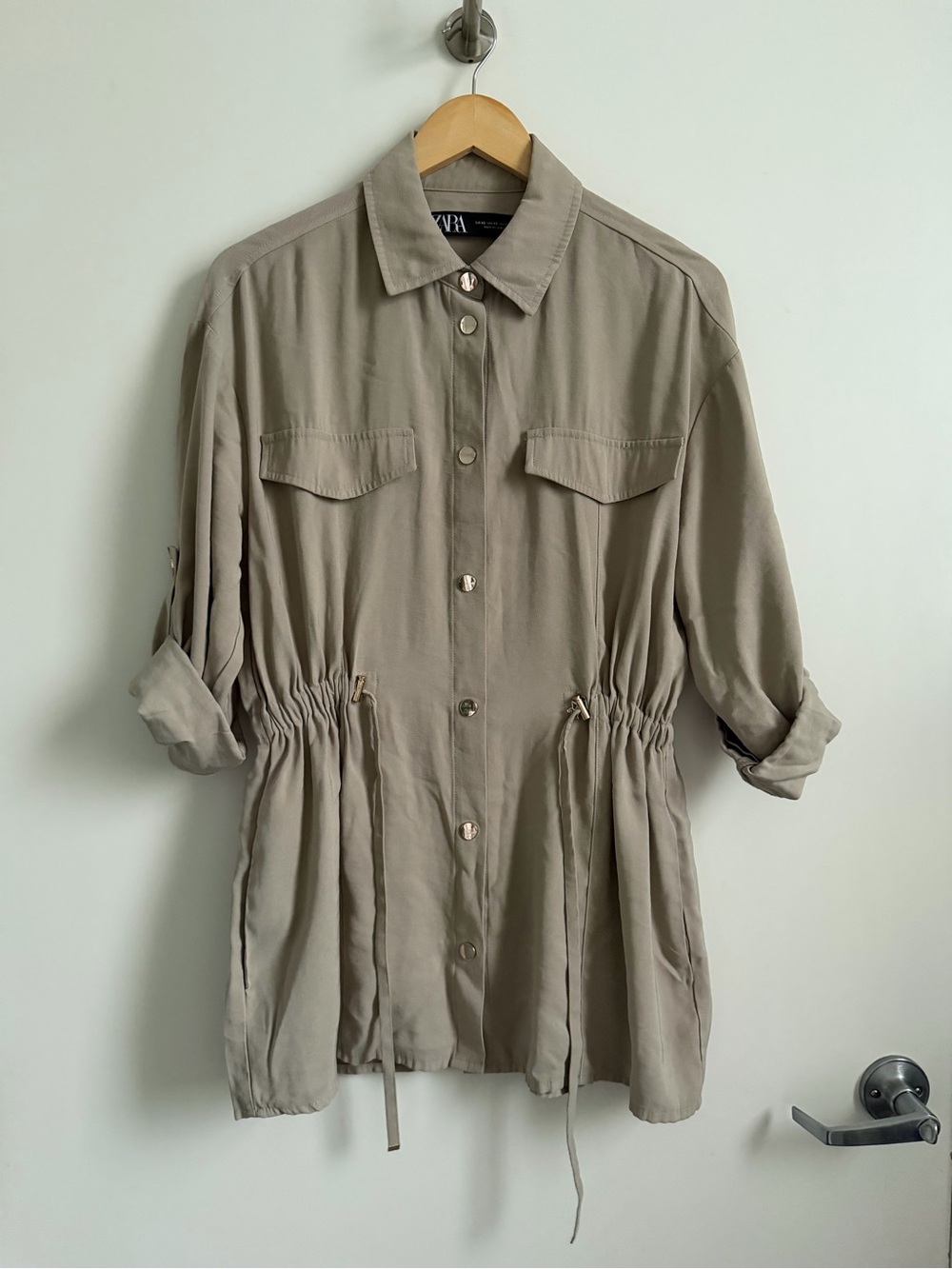 Zara Button-Front Shirt Jacket in Light Taupe